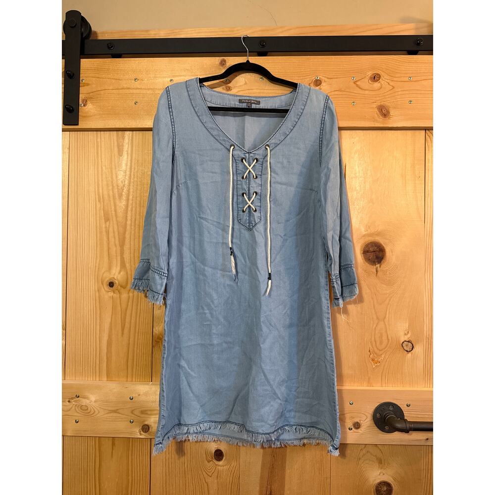 Michael Stars Tunic Dress Sz M Blue Chambray Denim Raw Fringe Hem 3/4 Sleeve